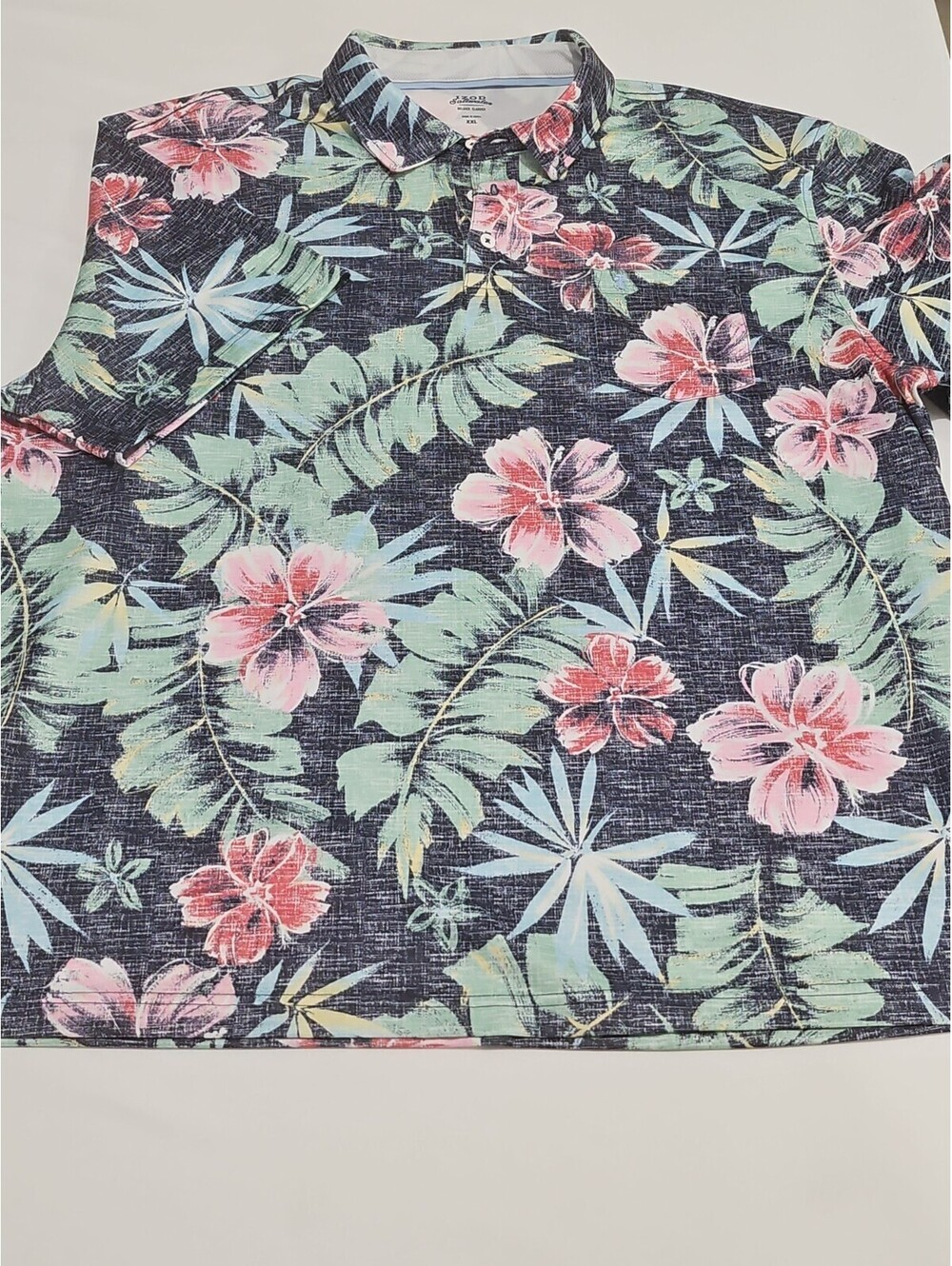 IZOD Saltwater Shirt Mens XXL 2XL Blue Floral Button Up‎ Short Sleeve  0180